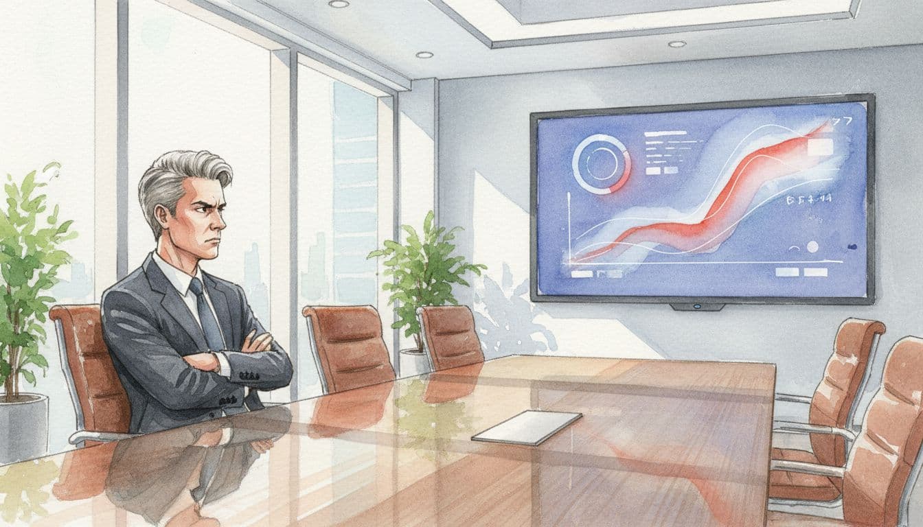 Skeptical executive with crossed arms sits at conference table viewing projected vague charts on wall screen in modern boardroom, watercolor style.