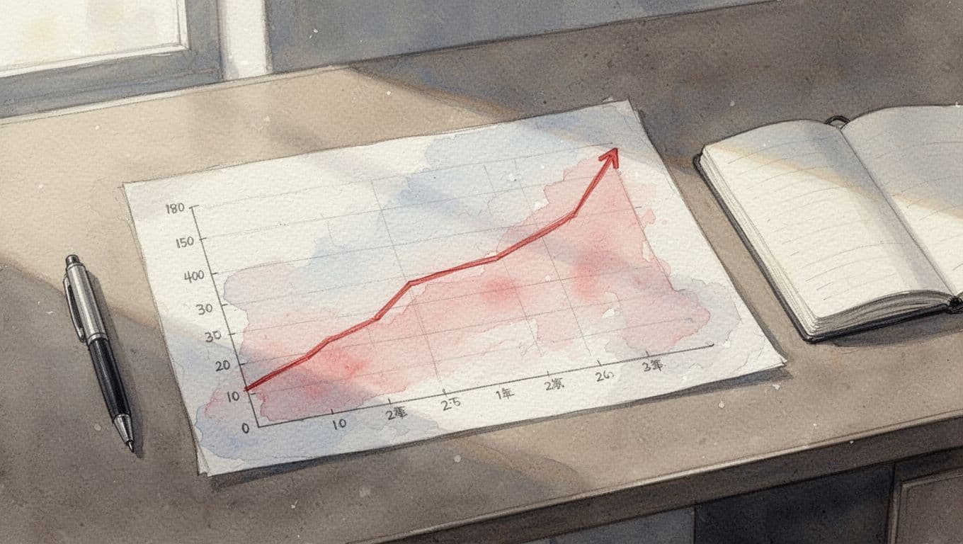 Watercolor line graph on paper shows flattening growth curve on executive desk with pen and notebook.