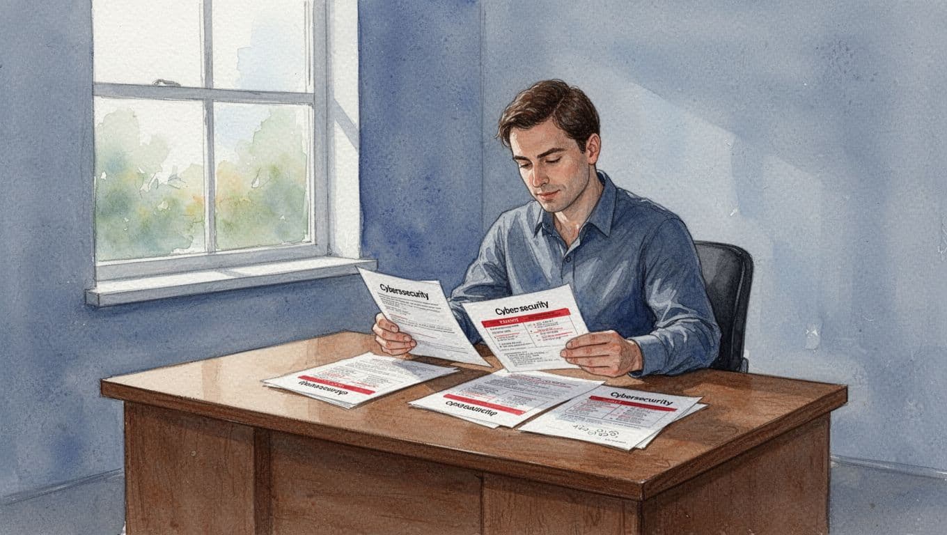 Watercolor illustration shows business owner at wooden desk reviewing printed sheets with cybersecurity costs highlighted in red accents.