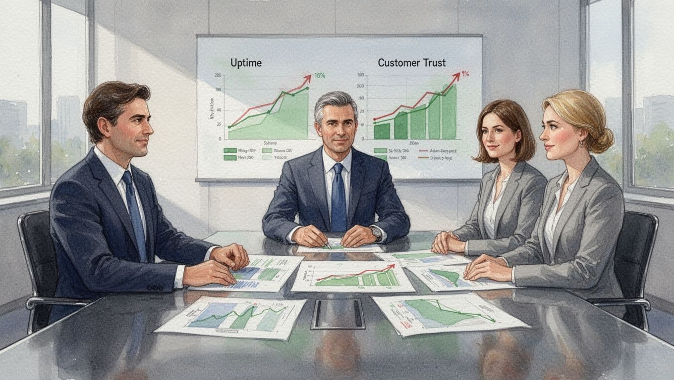Watercolor scene of three professionals at boardroom table reviewing green charts of uptime, trust, and recovery.