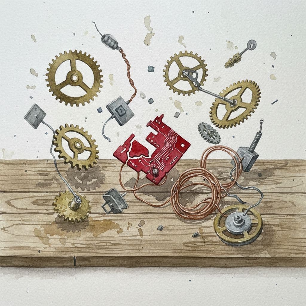 A desk displays scattered mechanical gears and loose wires depicted in a soft watercolor style.