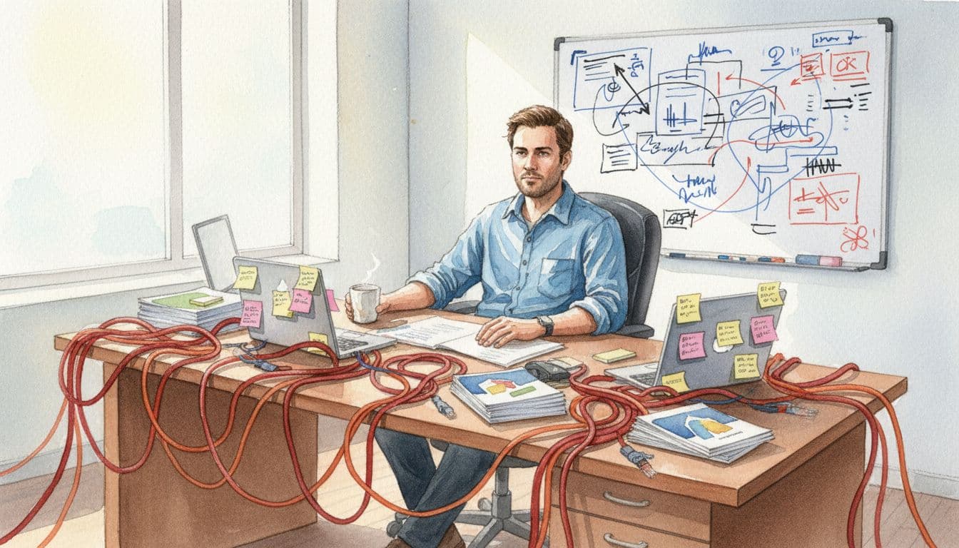 Series A founder in business casual sits at wooden desk with tangled red ethernet cables, two laptops, brochures, and messy whiteboard.