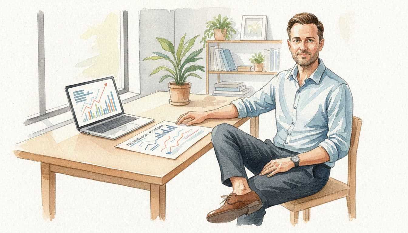 Mid-30s man in business casual sits at wooden desk in bright home office reviewing roadmap and laptop charts in watercolor style.