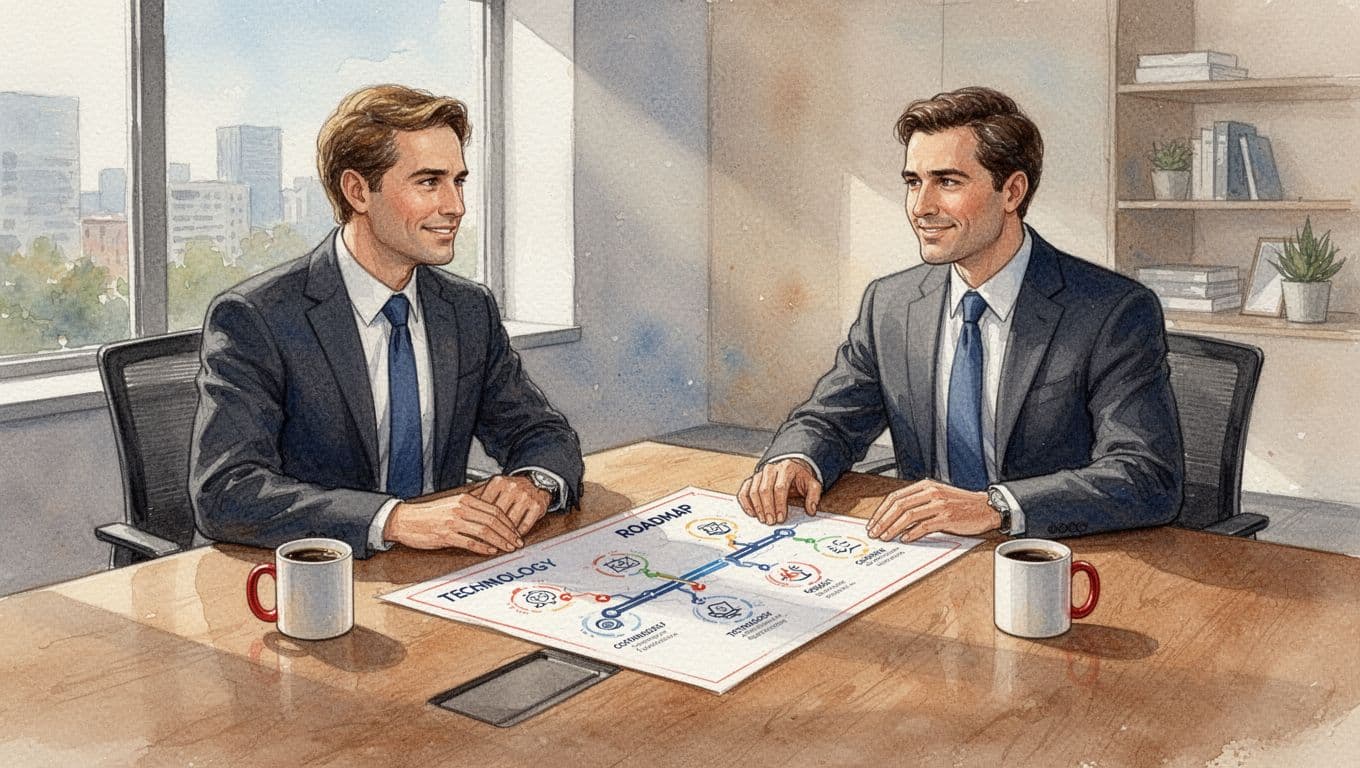Three executives sit relaxed around a wooden conference table in a modern office, reviewing a printed technology roadmap amid coffee mugs.