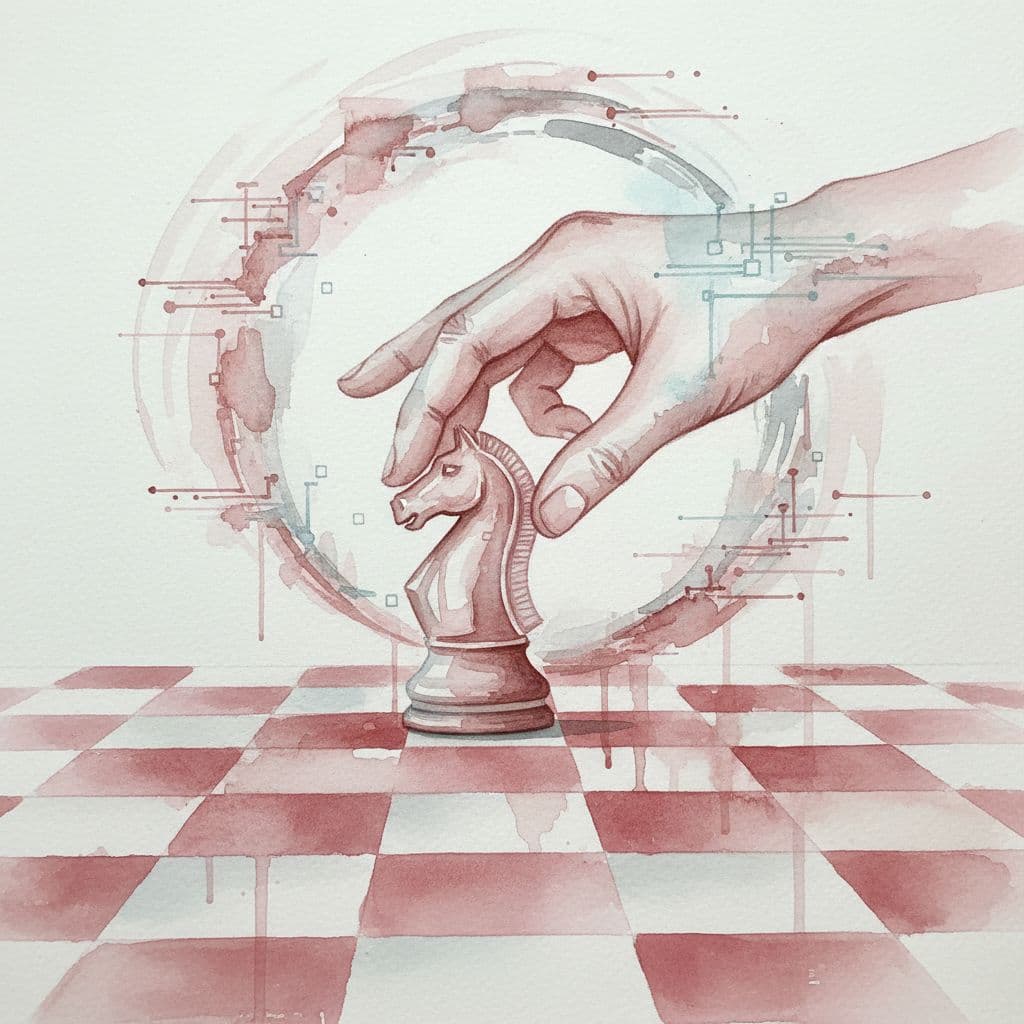 A hand moves a minimalist chess piece against a soft-toned watercolor backdrop.