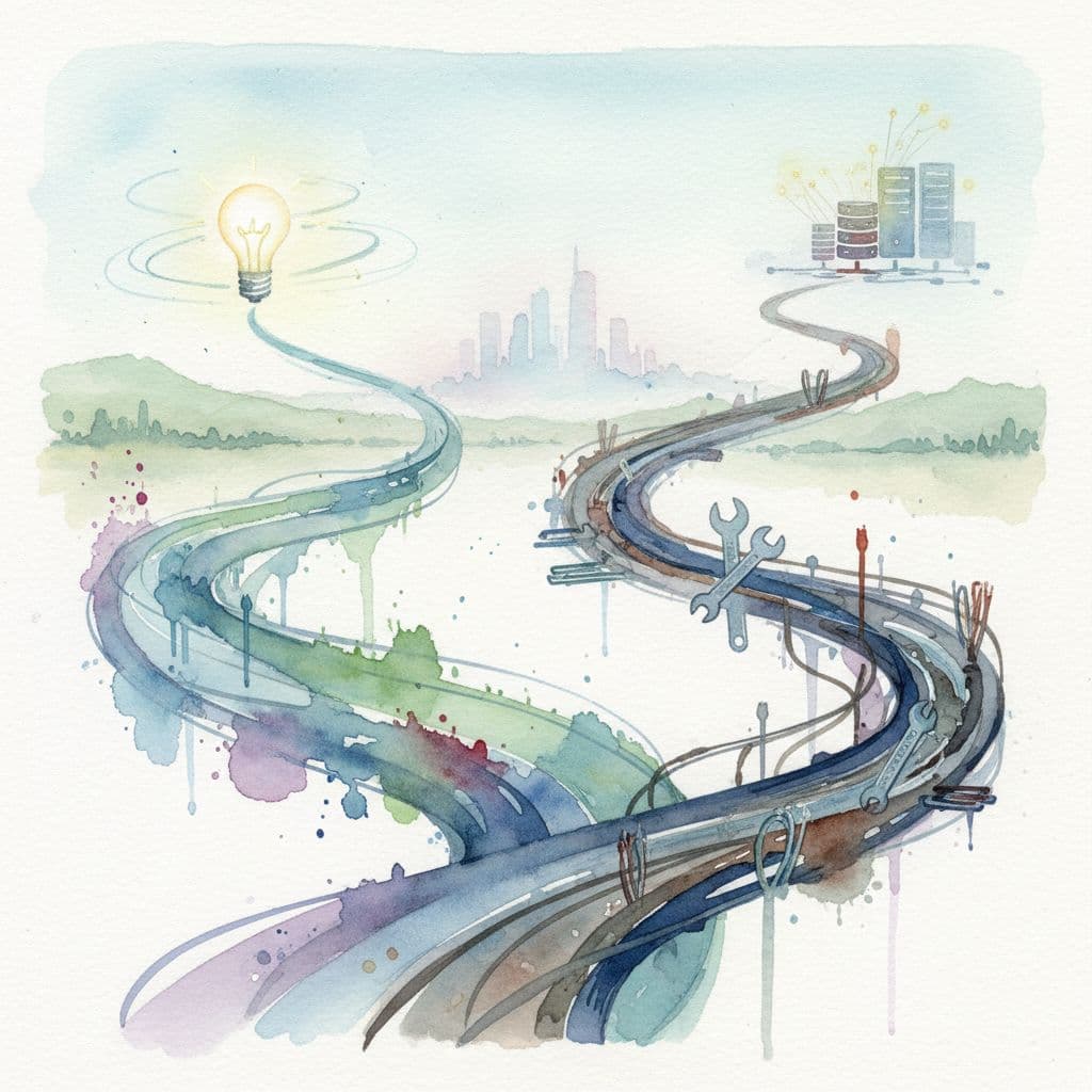 A watercolor painting displays two diverging paths, one featuring a lightbulb and the other depicting technical tools.