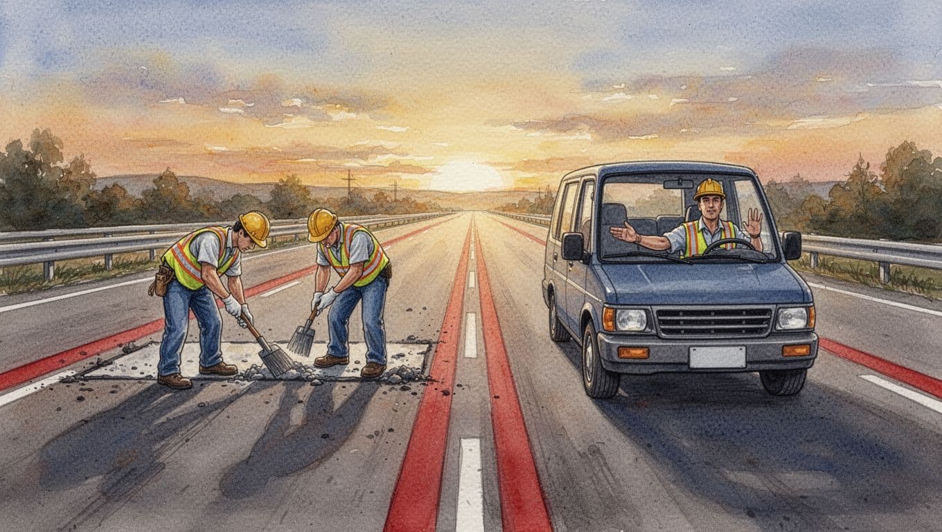 Watercolor dusk highway with two construction workers repairing pavement in one lane and strategist driver with map in the other.