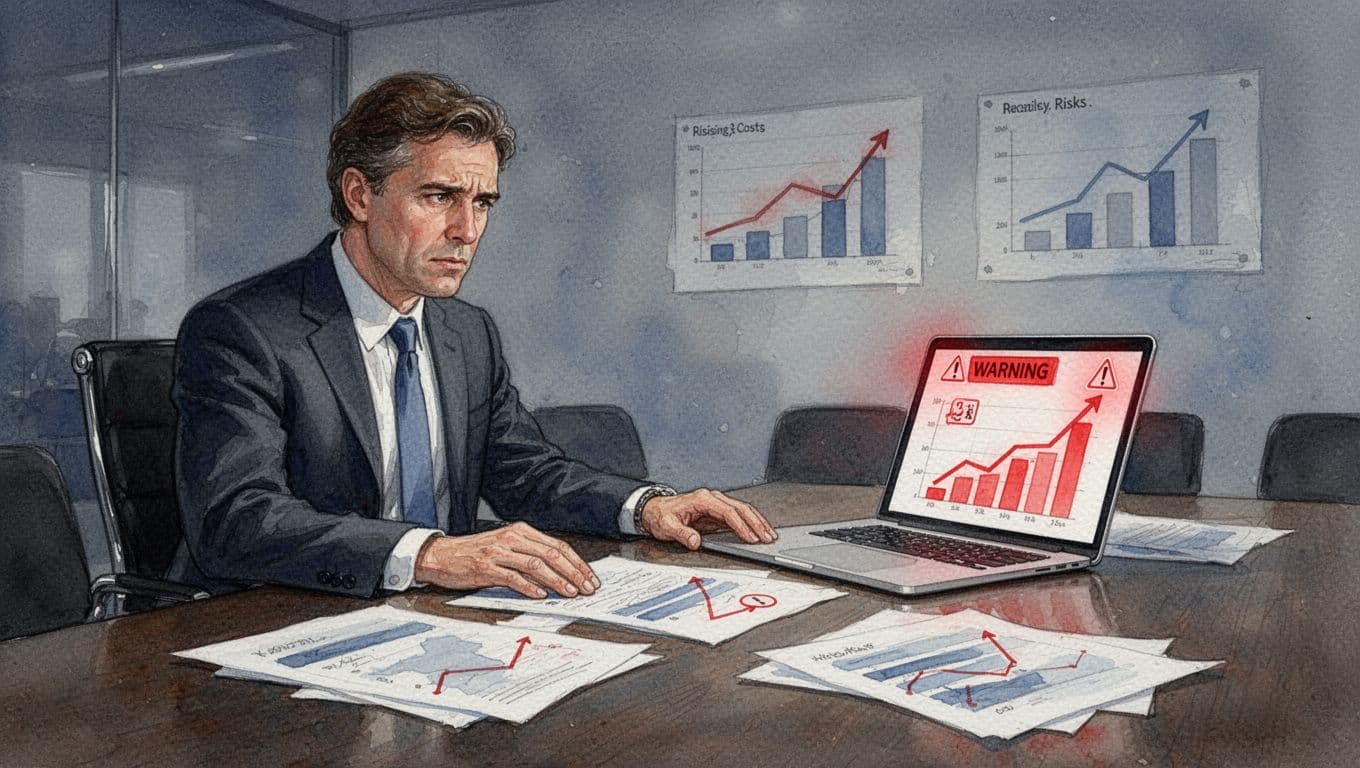 Stressed business leader at conference table with scattered papers, laptop error alerts, and charts showing rising costs and risks in watercolor style.