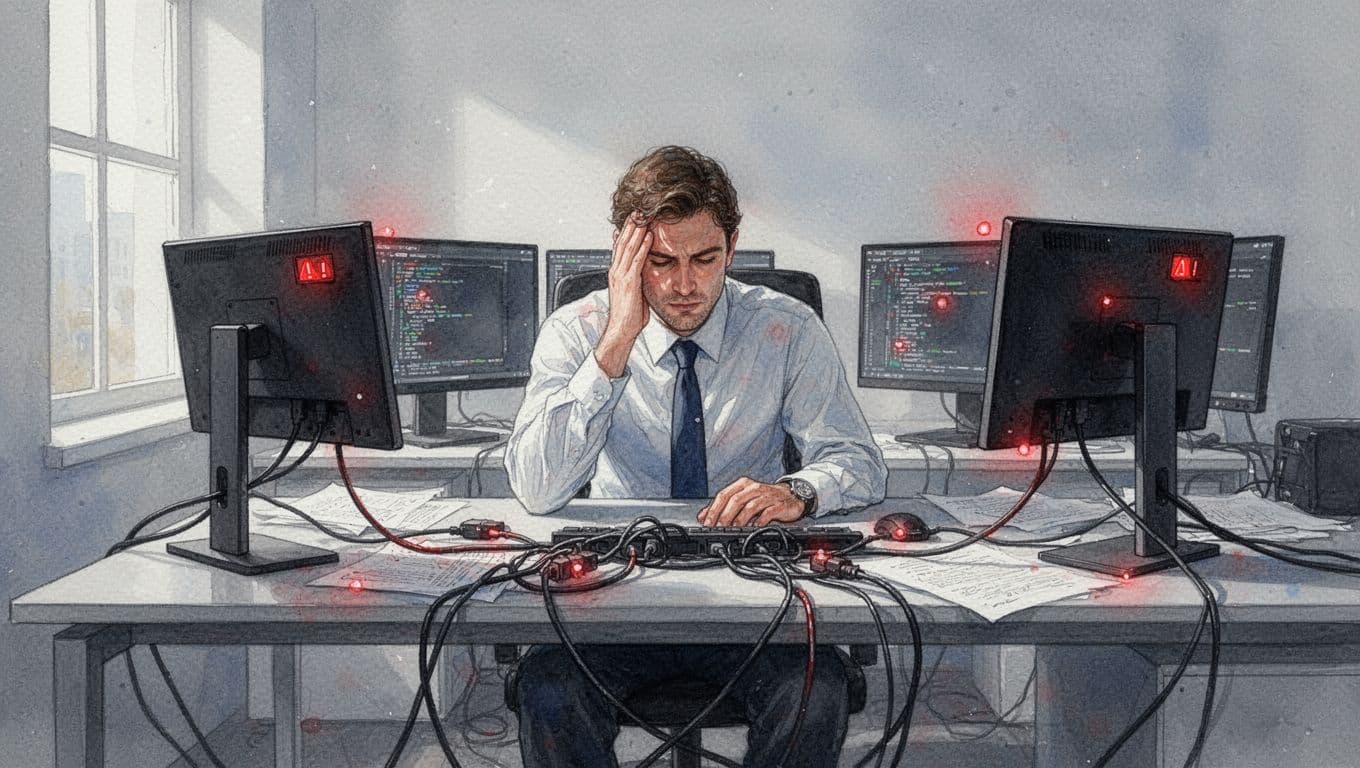 Stressed executive sits at cluttered modern desk with tangled cables, error alerts on screens, scattered papers in watercolor style.