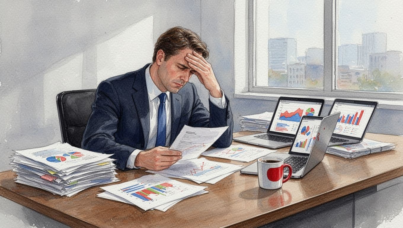 Watercolor of executive at wooden desk with stacked papers, laptops showing charts and emails, coffee mug, hand on forehead.
