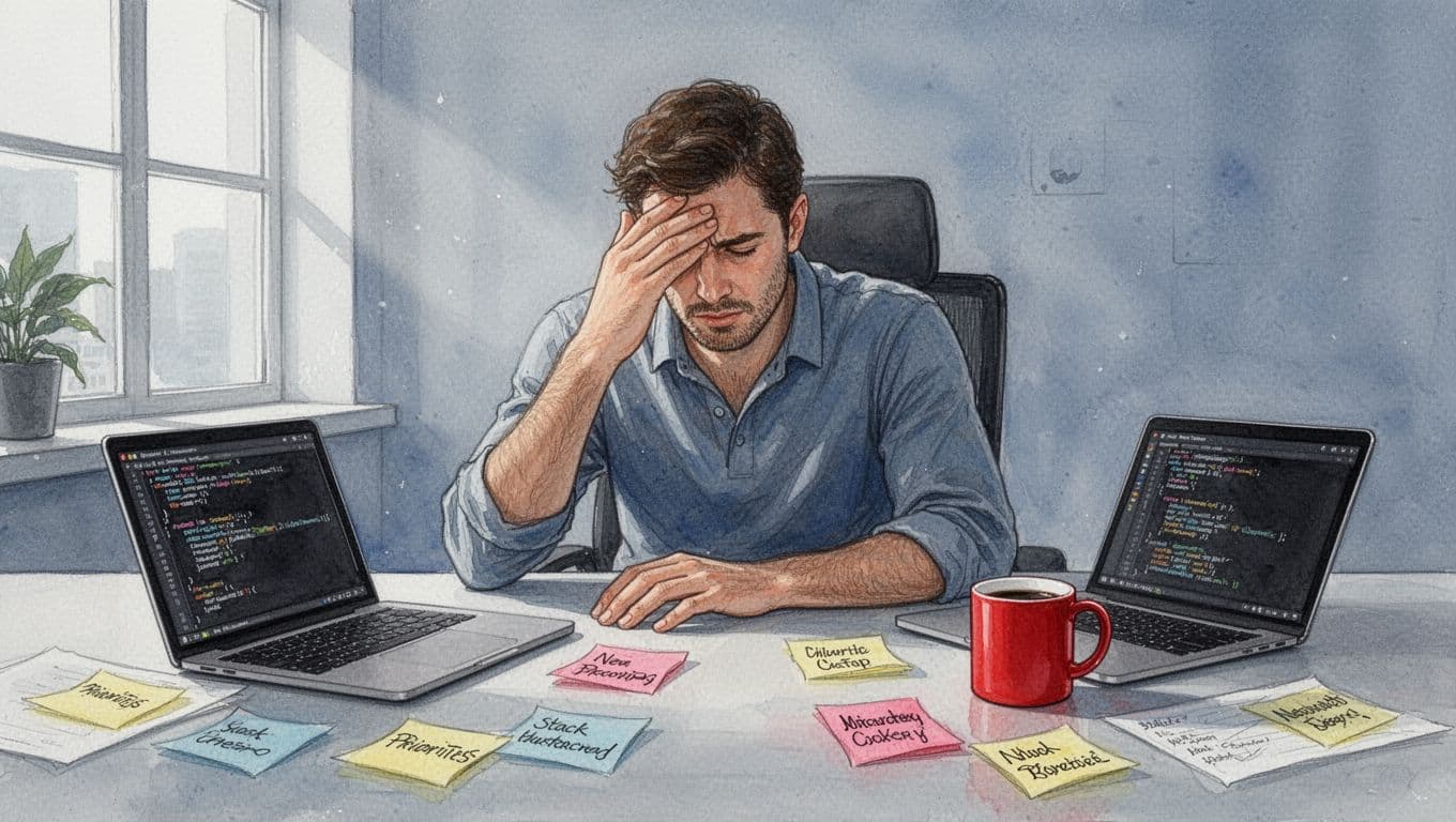 Watercolor of stressed founder rubbing forehead at desk with laptops, code, sticky notes, red-accented mug in blue-gray office.