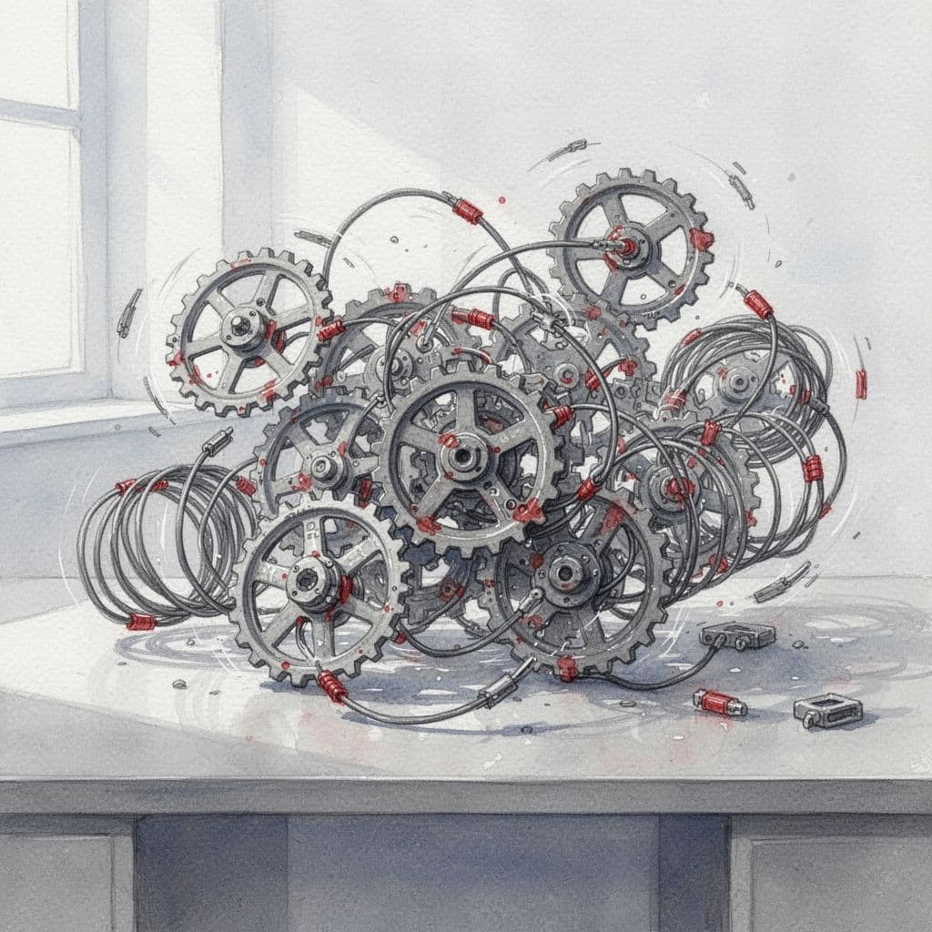 Overlapping messy gears and tangled wires on a desk in soft watercolor with red accents.