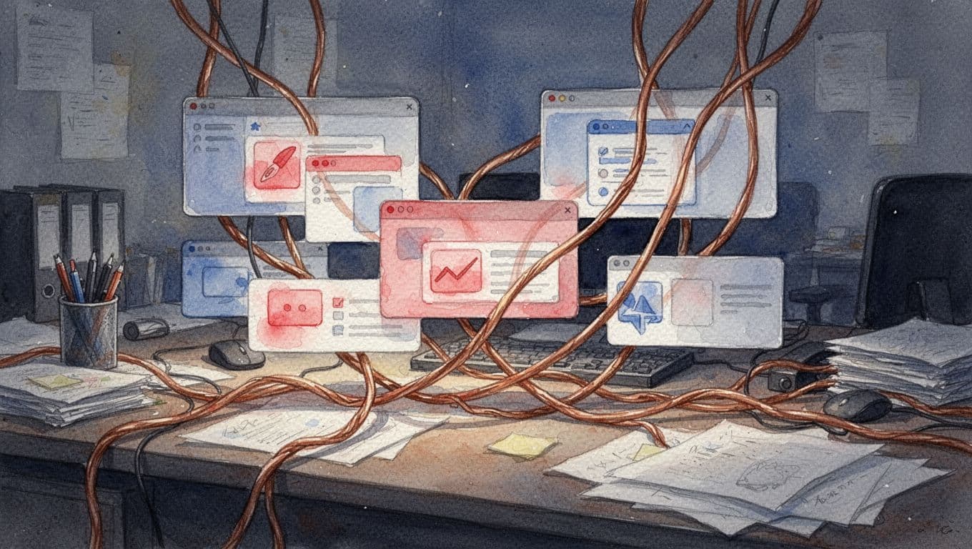 Watercolor scene of tangled wires and overlapping software icons on a cluttered desk under dim office light.