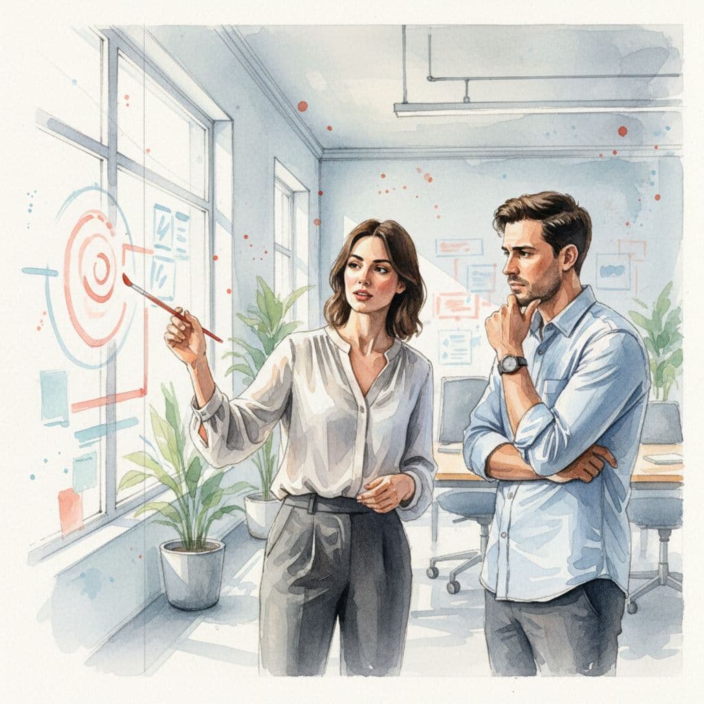 Two professionals discuss business strategy while standing before a whiteboard filled with abstract sketches.