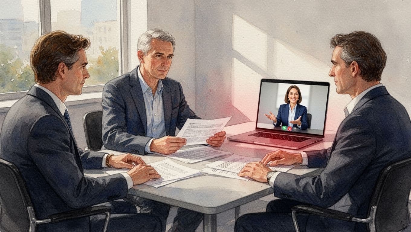 Watercolor scene of three executives at a table reviewing documents, senior advisor gesturing on laptop video call.