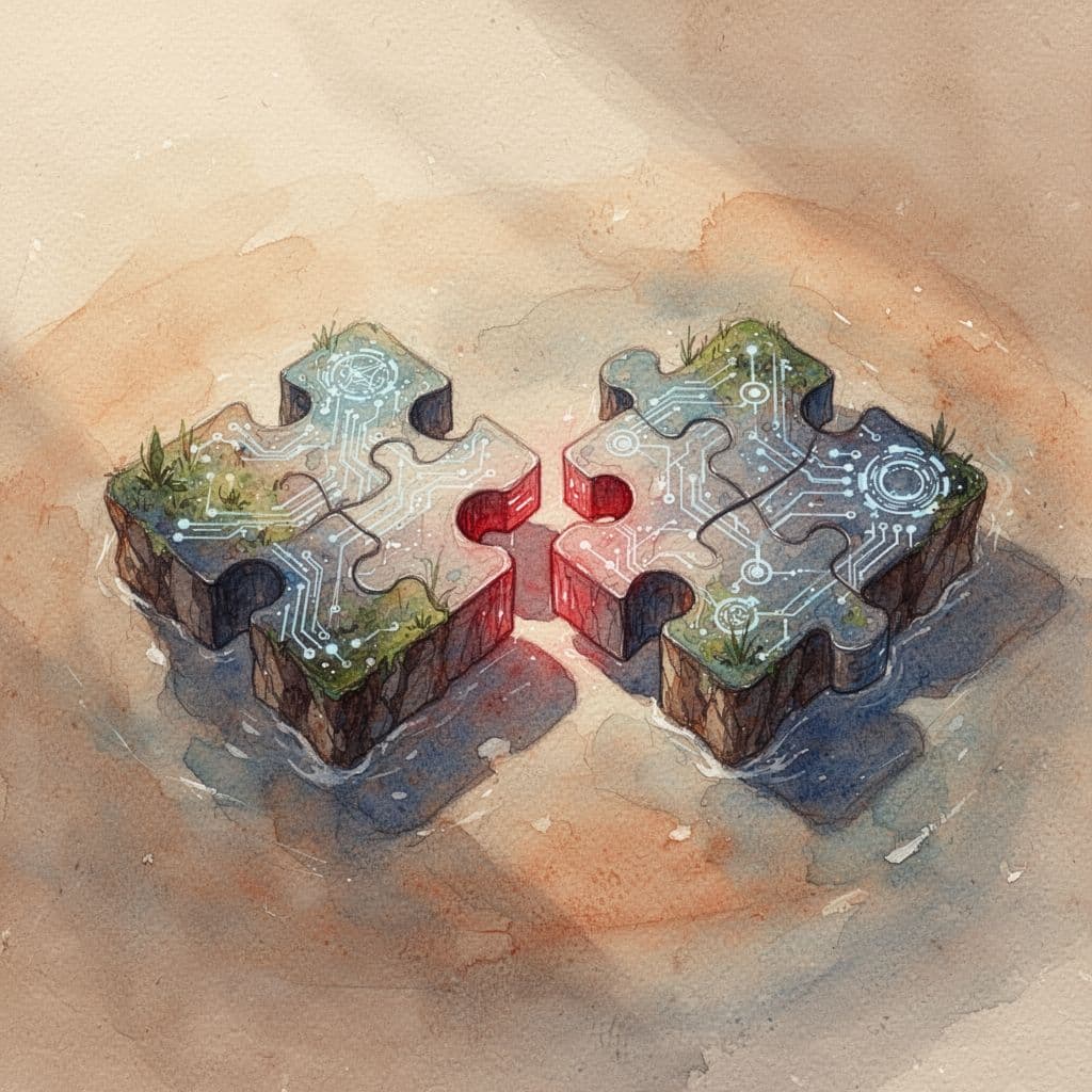 Two puzzle-shaped islands drift together with red accents highlighting the connection point on a warm background.