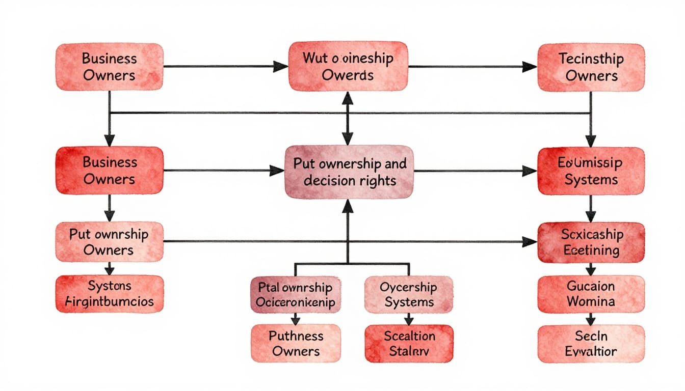 Watercolor flowchart shows decision paths and ownership lines from business owners to systems with red accents.