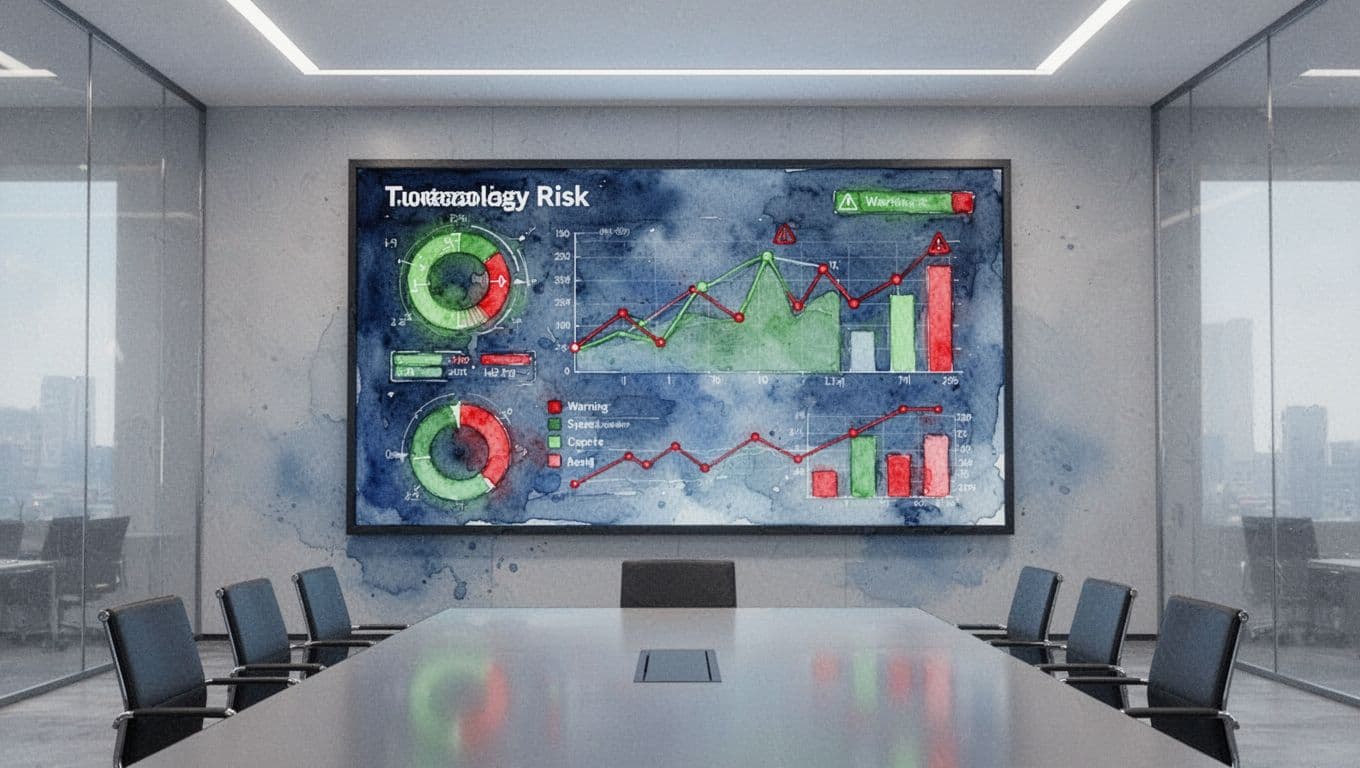 Empty conference room with large screen showing watercolor executive dashboard of risk metrics and green-red indicators.