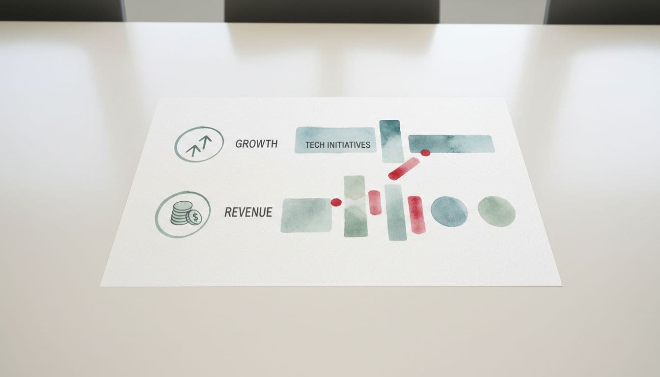 Overhead view of watercolor tech roadmap on conference table with icons for growth, revenue, and tech initiatives plus red accents.