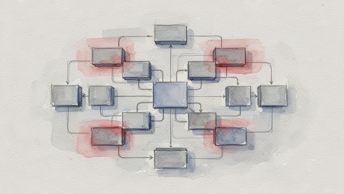 Watercolor diagram of mid-sized tech team organization with subtle red highlights on leadership, ownership, visibility, and decision gaps.