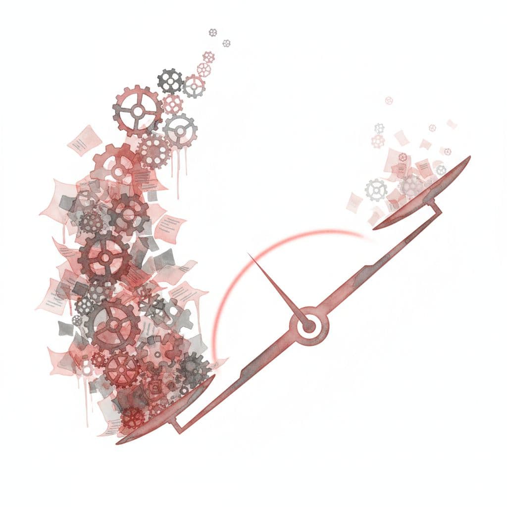 An abstract watercolor illustration showing stacked gears and office documents weighing down one side of a balance scale.
