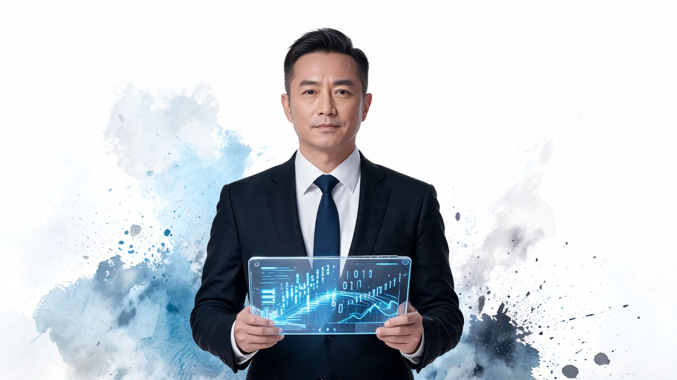 A professional Asian business consultant holding a transparent digital tablet with data analytics visualizations.