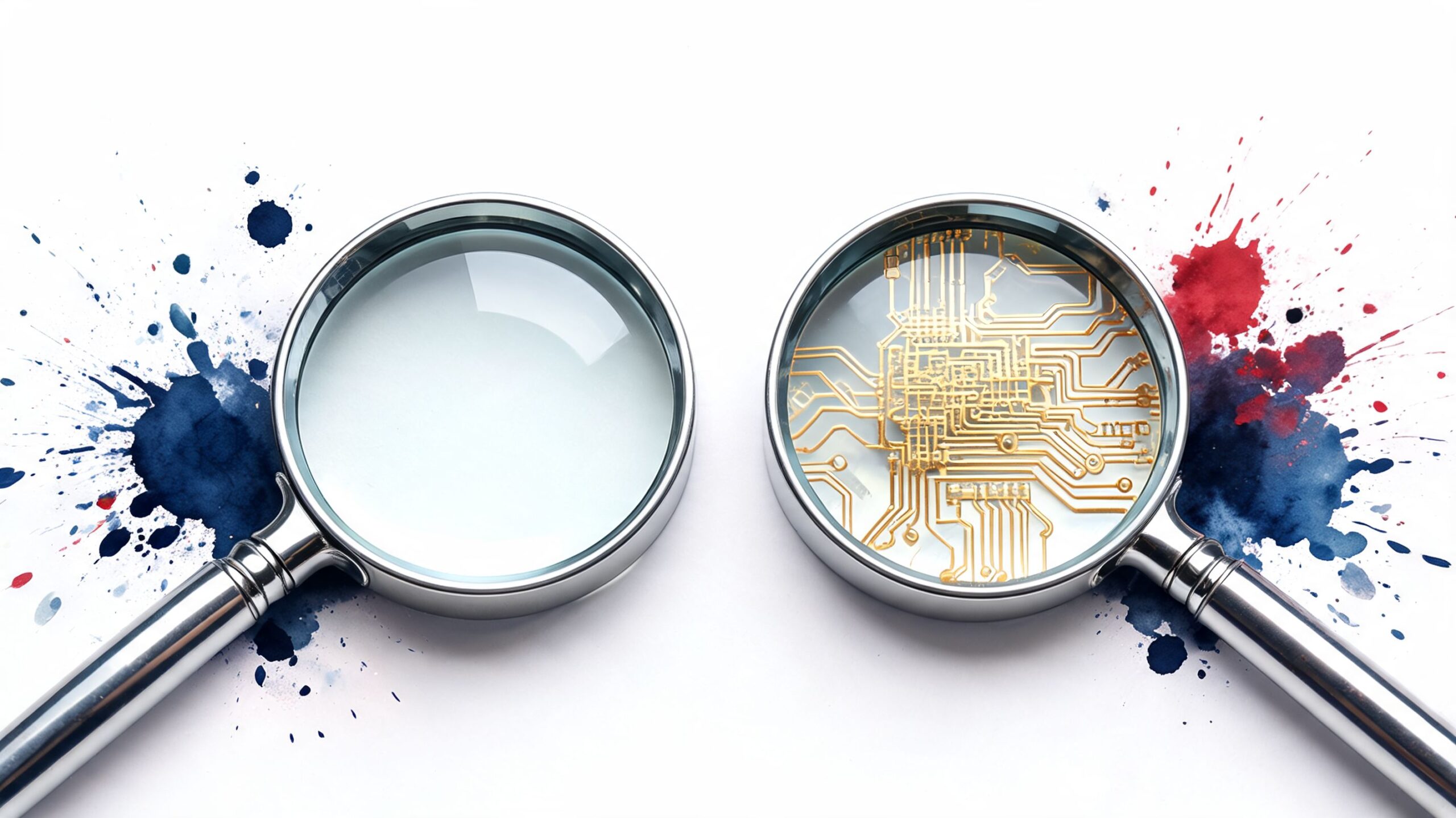 Two magnifying glasses placed on a white background with blue and red abstract paint splatters around them.