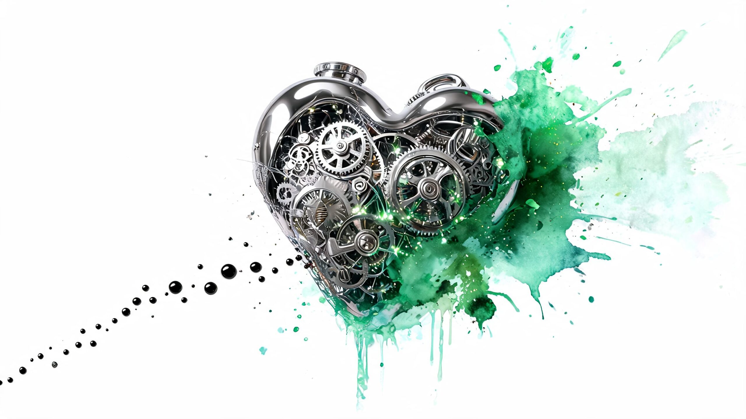 A mechanical heart crafted from metallic gears and cogs with vibrant green watercolor paint splashes.