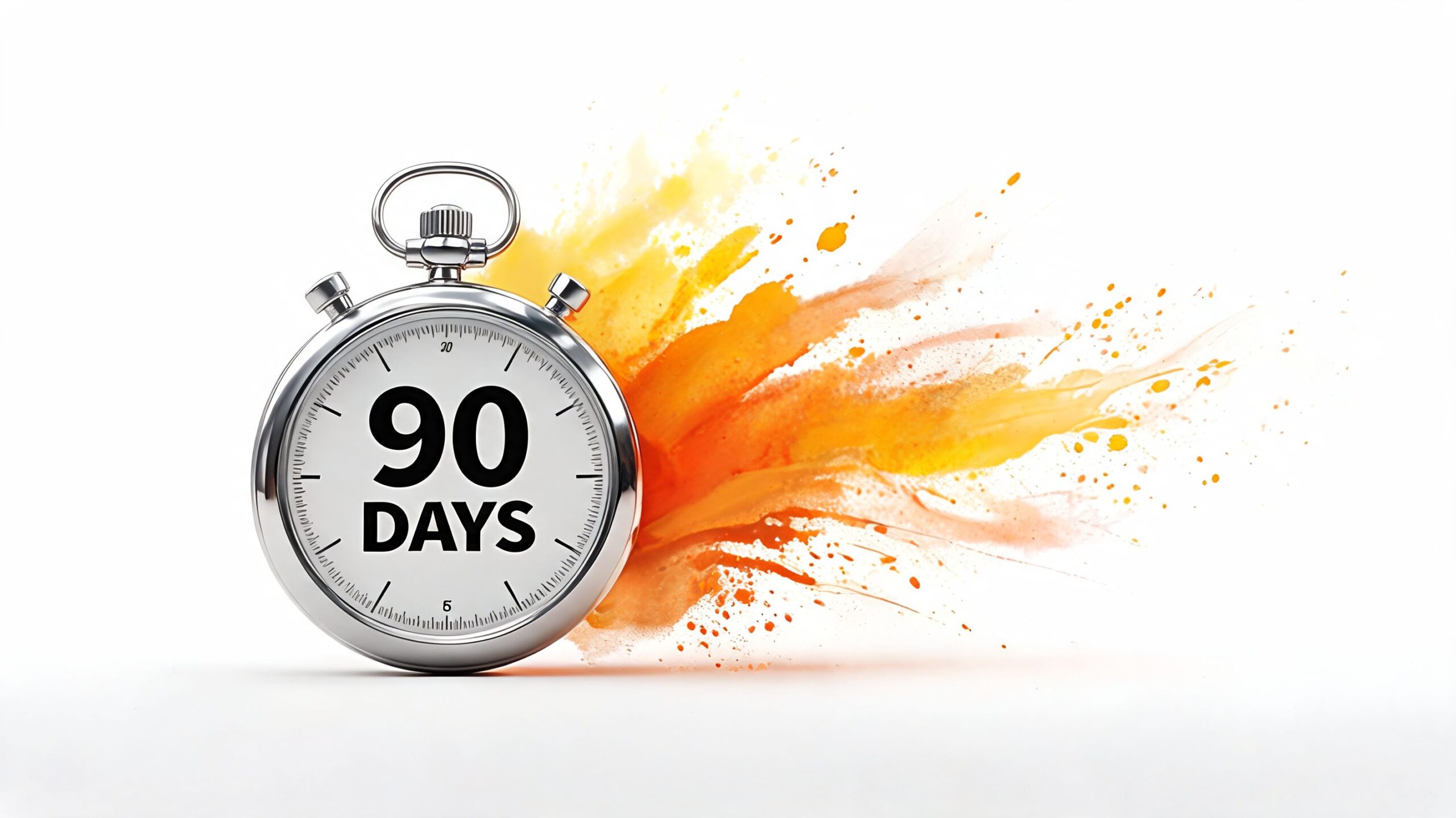 A silver stopwatch displaying 90 days against a backdrop of dynamic orange and yellow paint splashes.