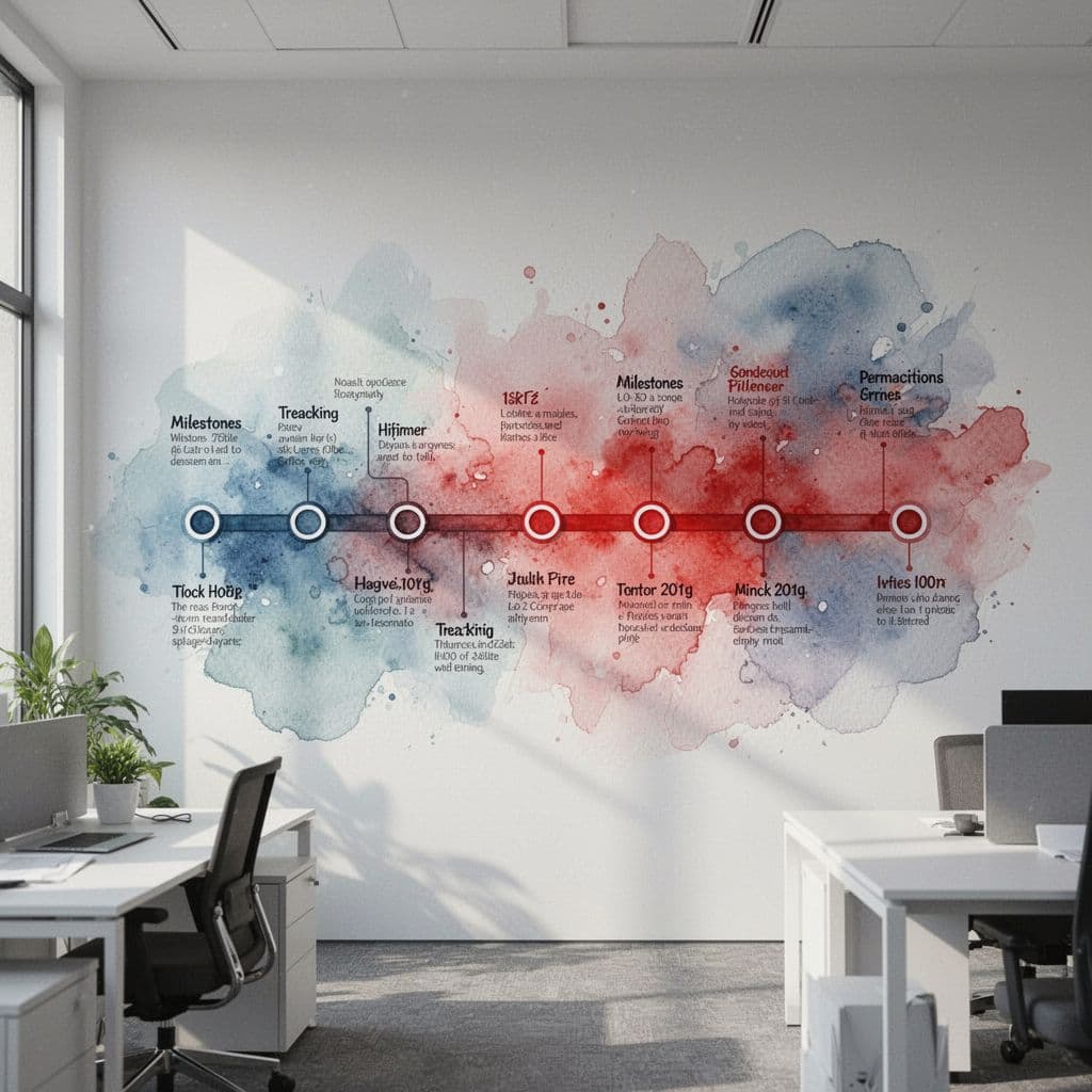 A watercolor-style wall display shows a structured timeline and project plan with red accent elements.
