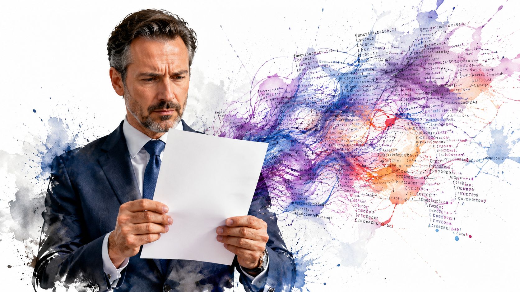 A professional man in a business suit examining a blank paper document surrounded by abstract digital data.