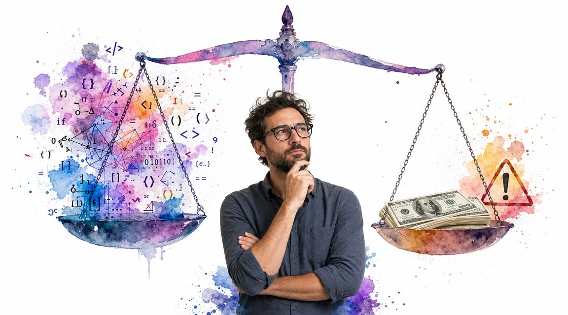A man in glasses thoughtfully weighs technical code elements against financial wealth and risk on a balance scale.