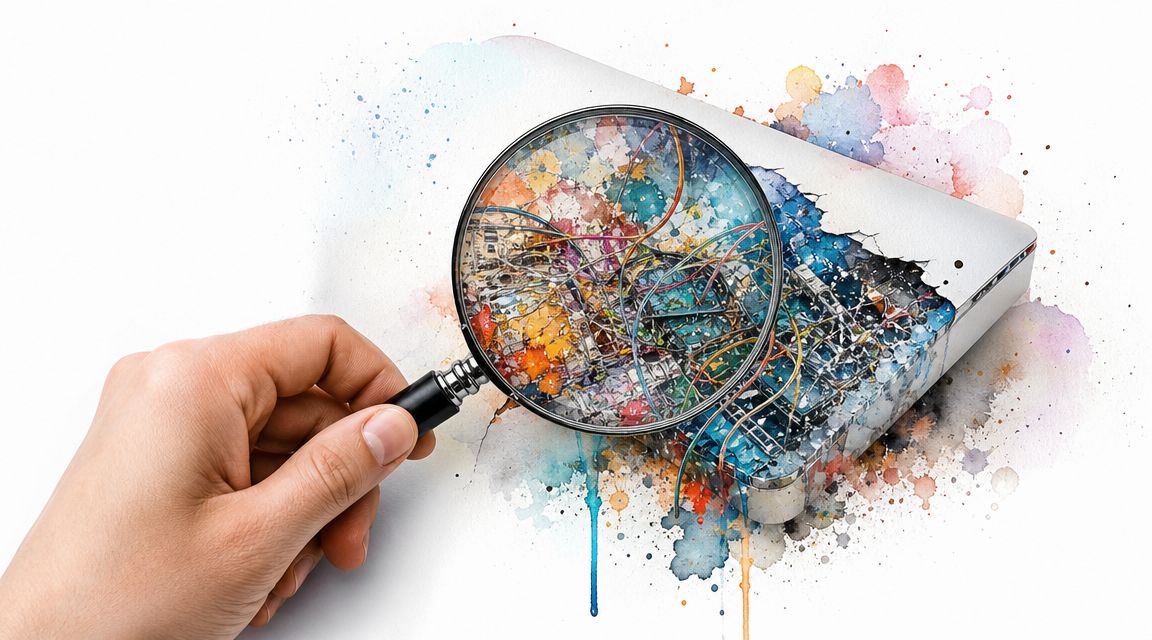 A hand holds a magnifying glass over an electronic device surrounded by colorful watercolor paint splatters.