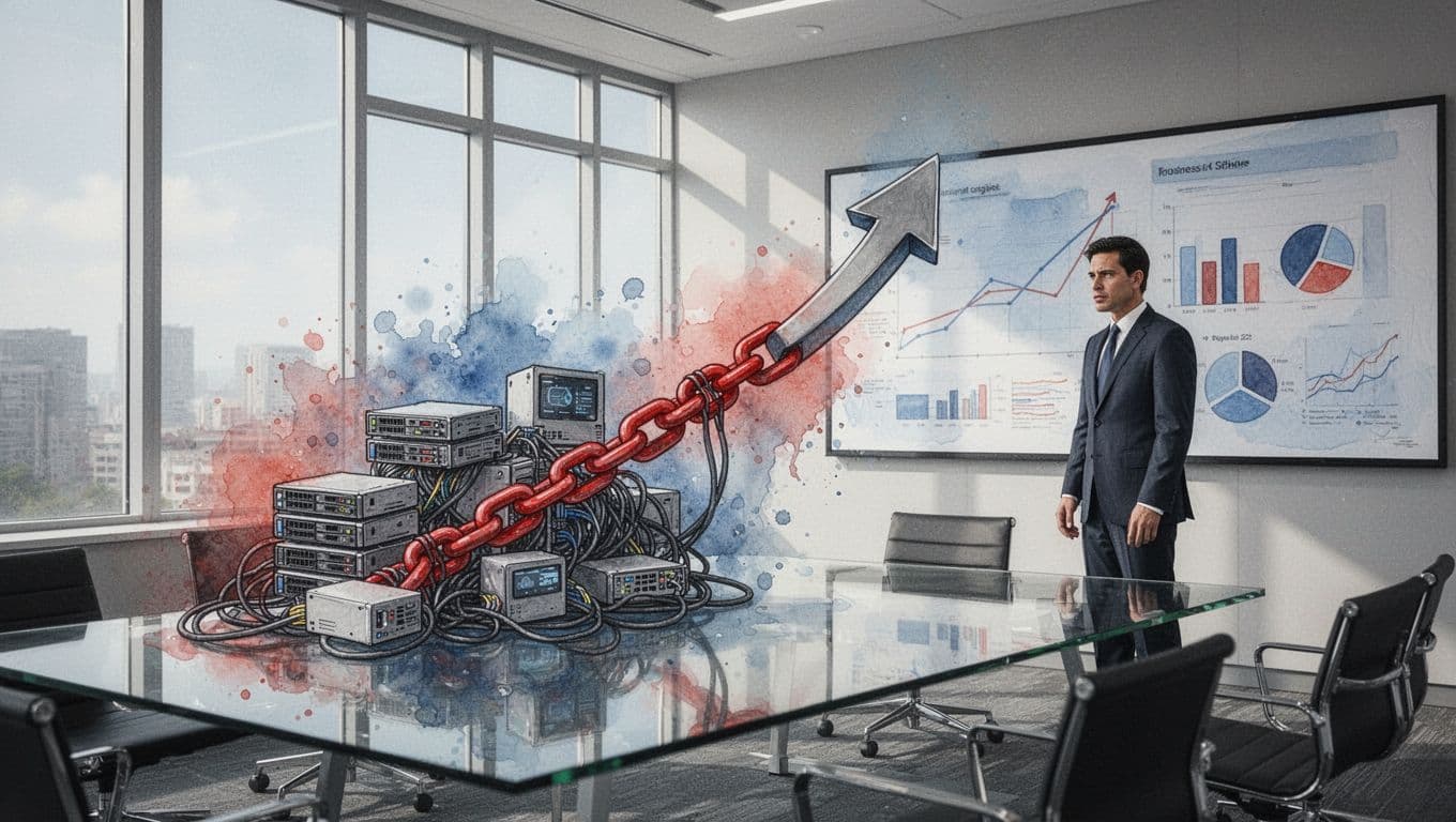 Watercolor painting of upward growth arrow chained by red server icons and cables in modern boardroom with concerned executive.