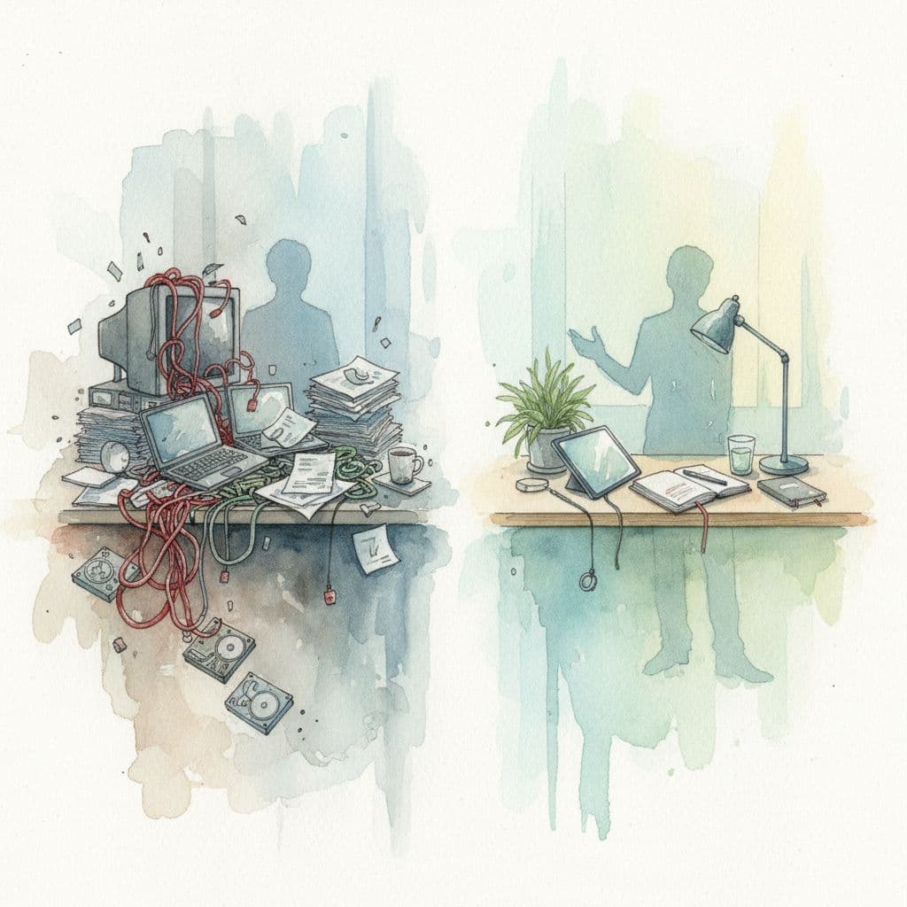 A watercolor split-view shows a cluttered desk of tangled cables alongside a clean, organized workspace.