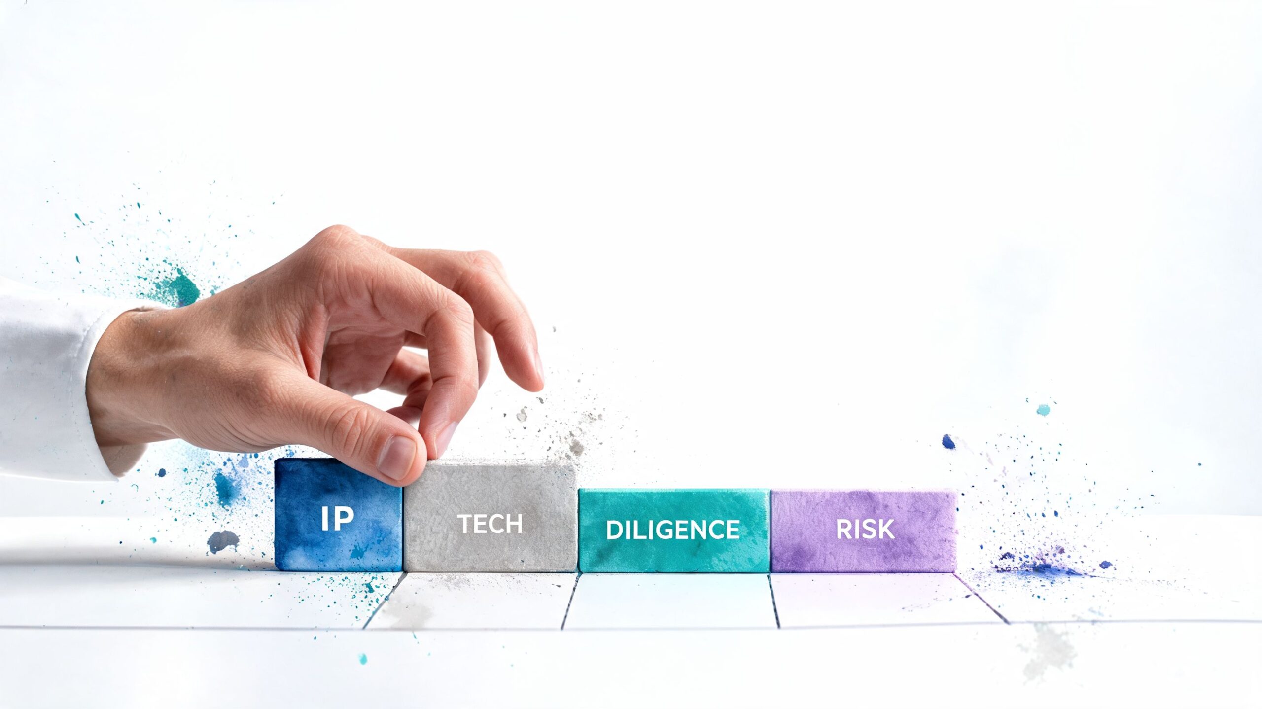 A hand placing a concrete block labeled TECH next to other blocks labeled IP, DILIGENCE, and RISK.