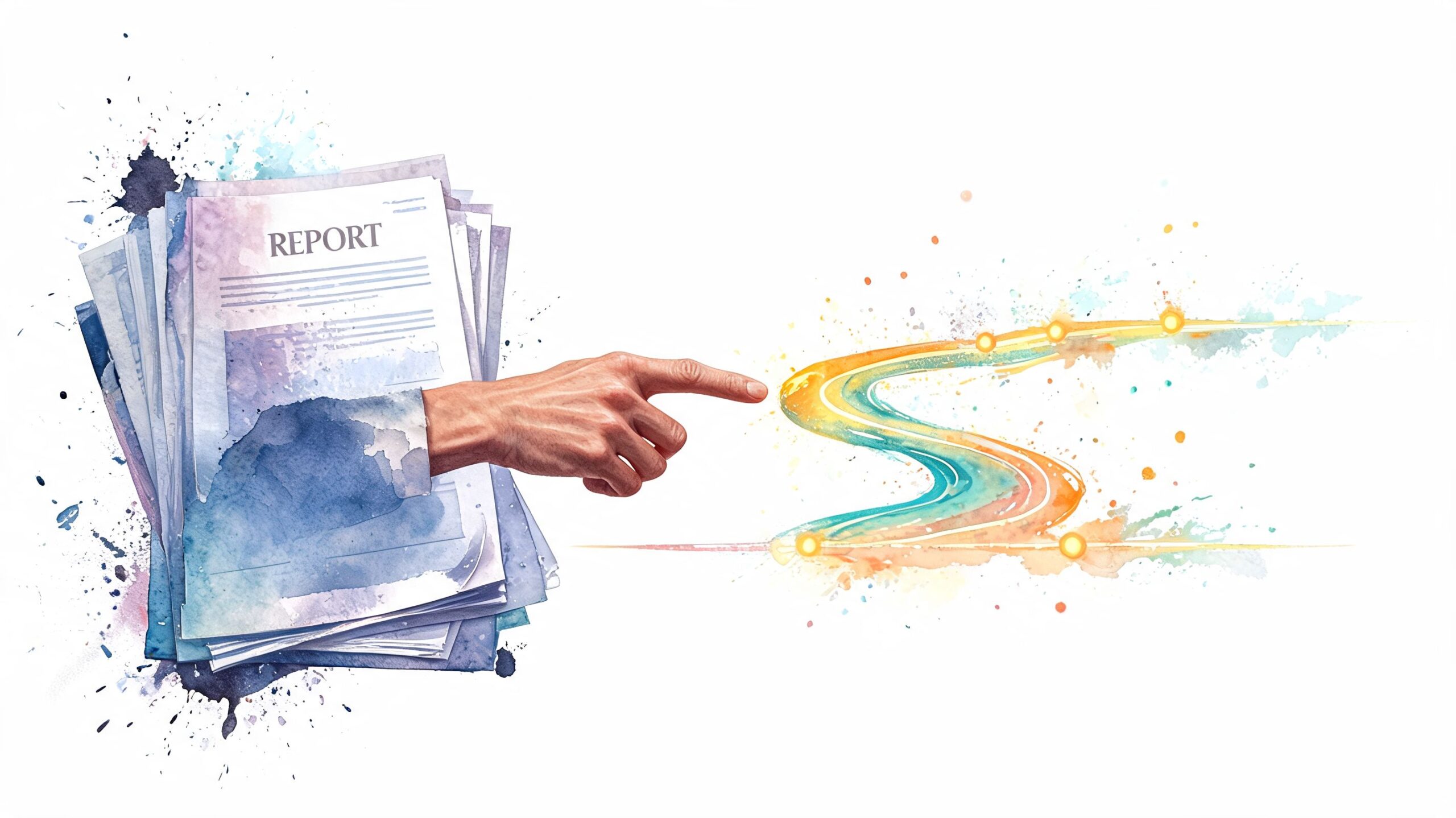 A hand emerging from a pile of reports points towards a digital abstract glowing path