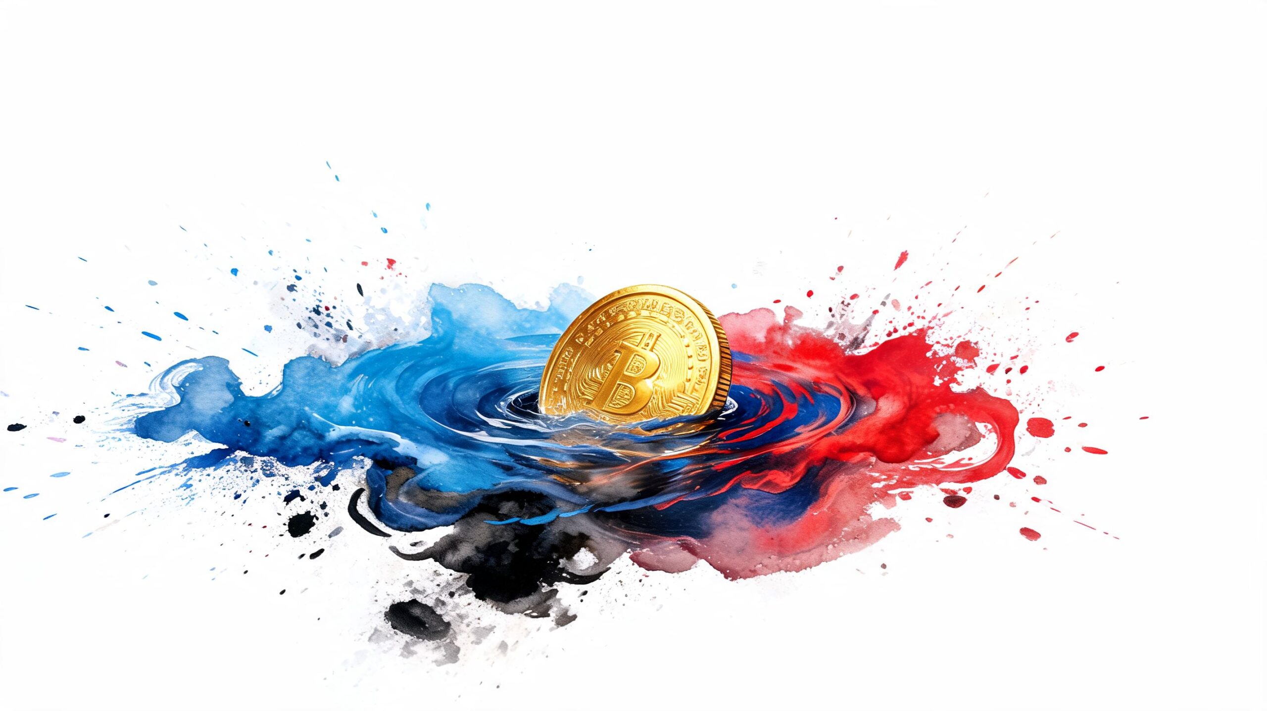 A golden Bitcoin coin resting in a swirling pool of vibrant blue and red watercolor paint splashes.