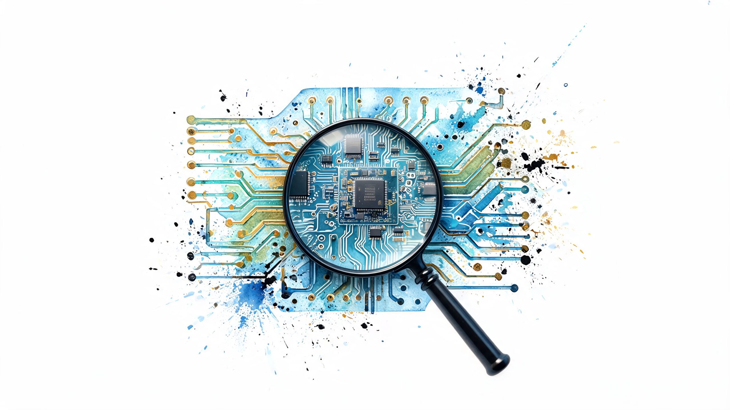A magnifying glass inspecting a detailed circuit board design with artistic blue and gold paint splatters.