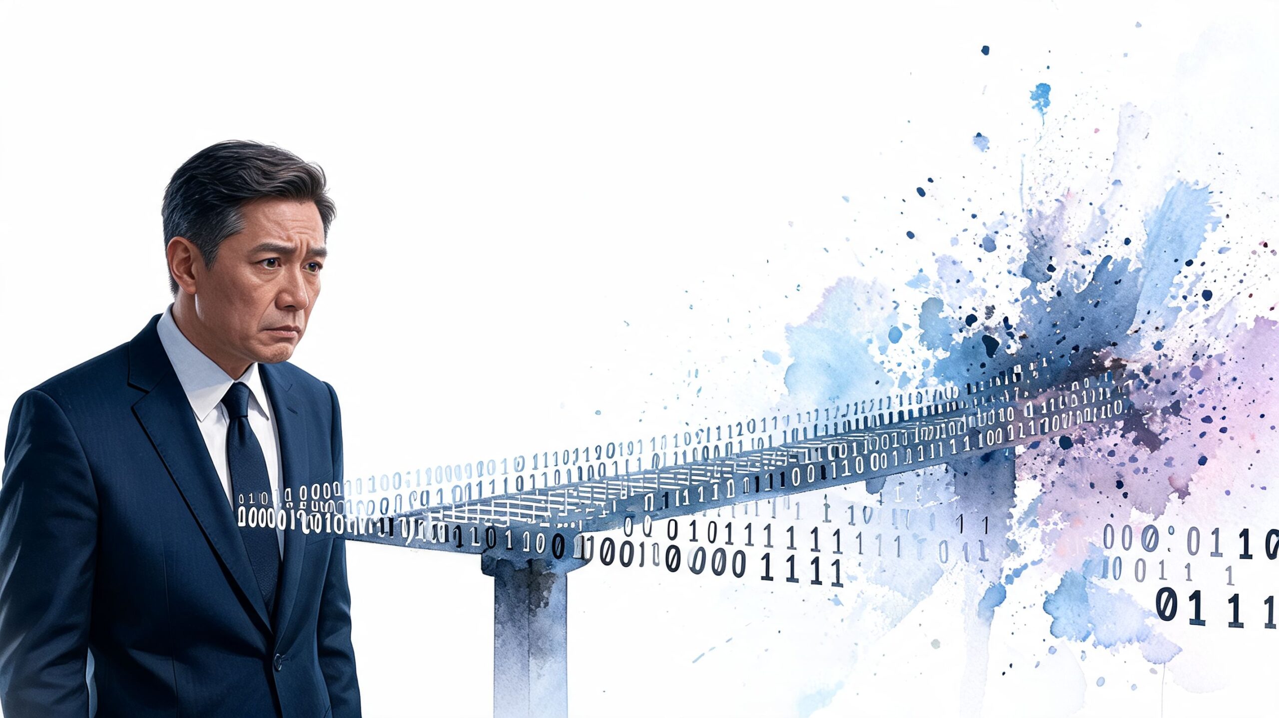 A professional man in a business suit looking at a digital bridge made of binary code.