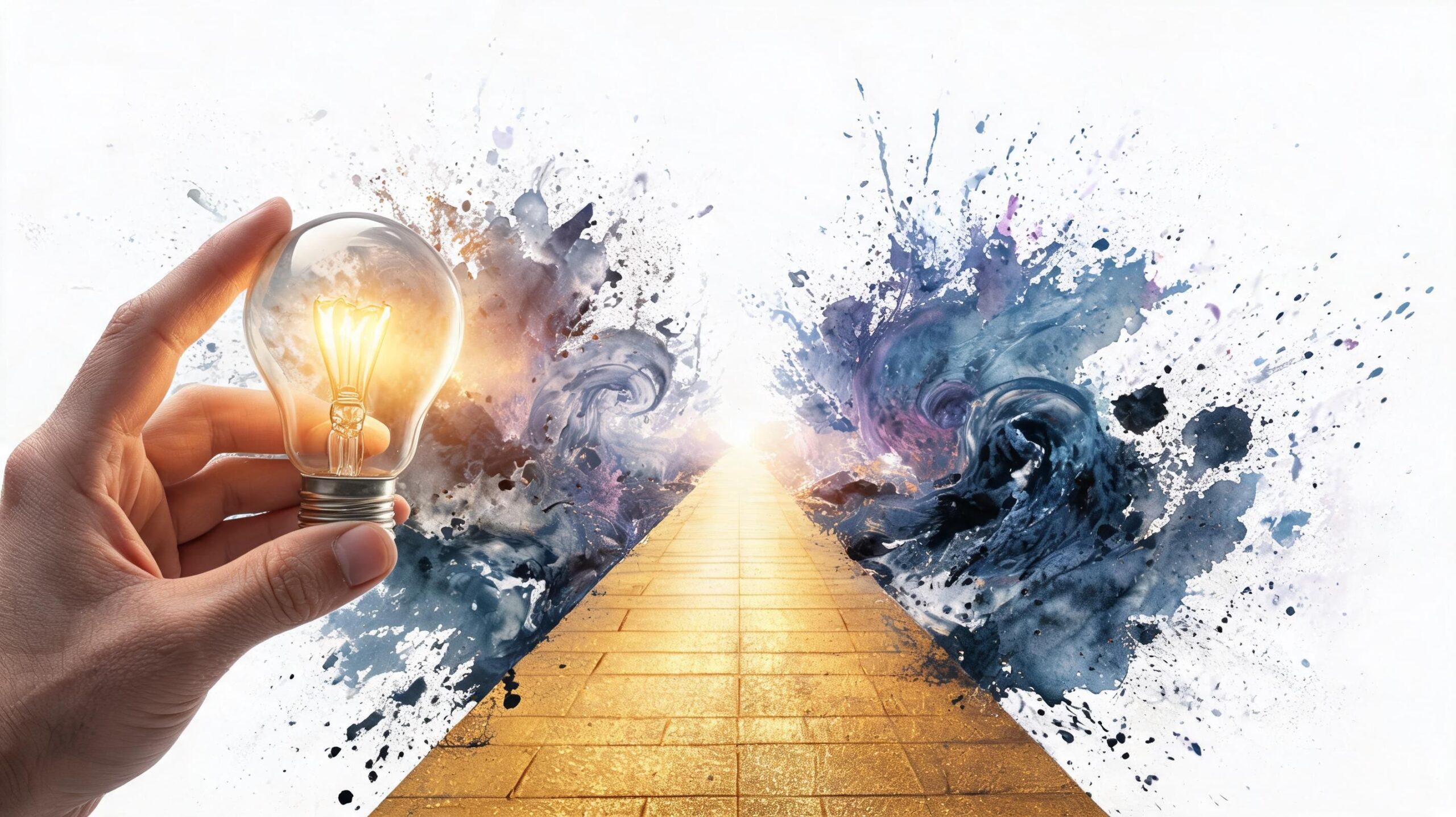 A hand holding a glowing lightbulb leading towards a path surrounded by creative abstract colorful paint splashes