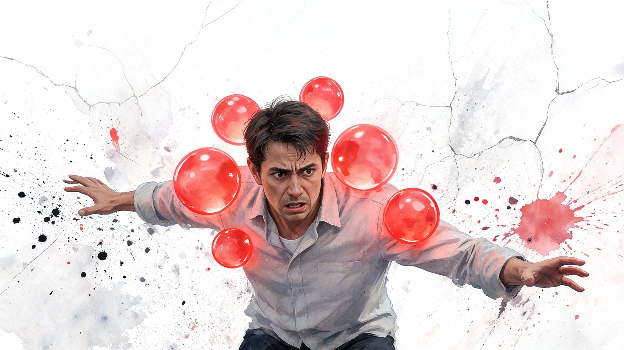 A man looking distressed with glowing red energy spheres floating around him in an abstract art style.