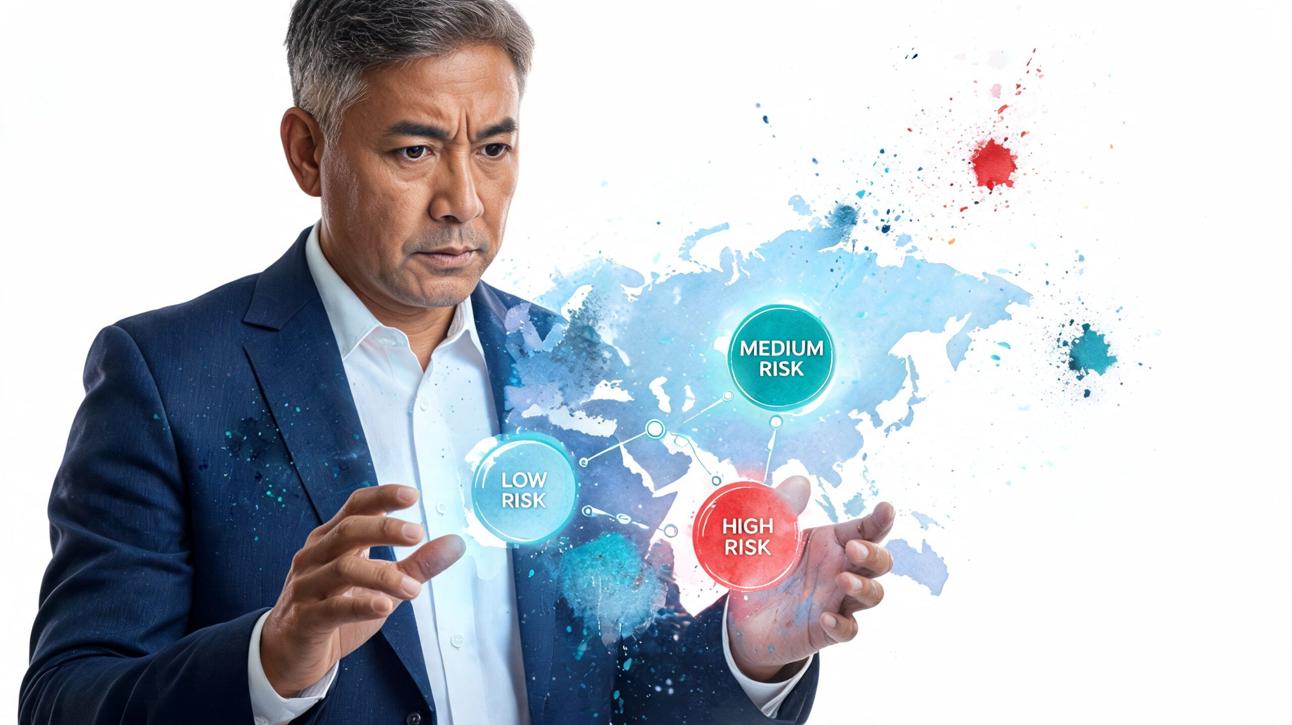 A businessman analyzing a virtual map displaying risk levels with digital, glowing infographic overlays.