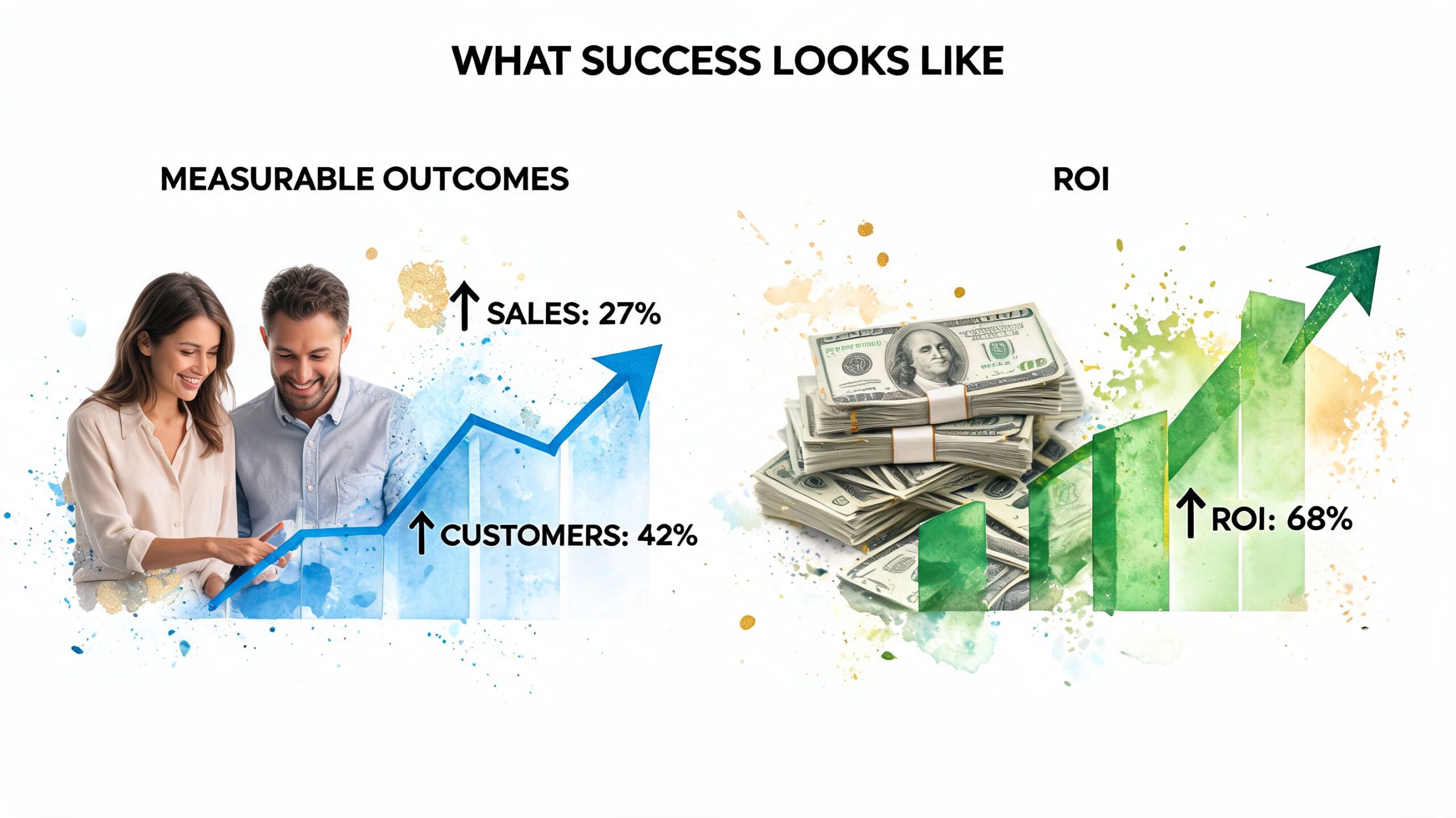 A professional infographic showing business success metrics with rising sales, customer growth, and high ROI percentage.