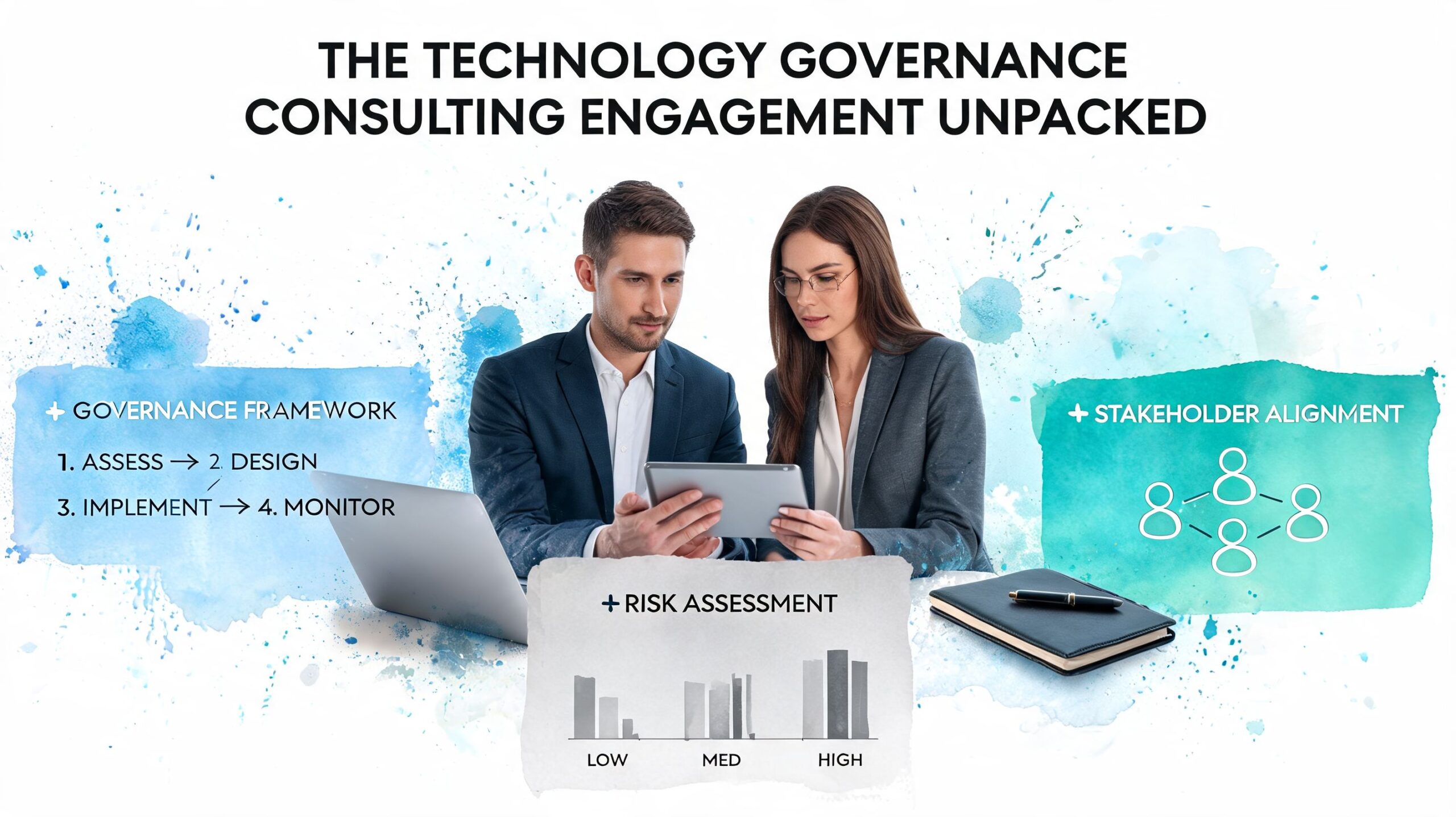 A professional man and woman discussing technology governance consulting concepts in a modern business office setting.