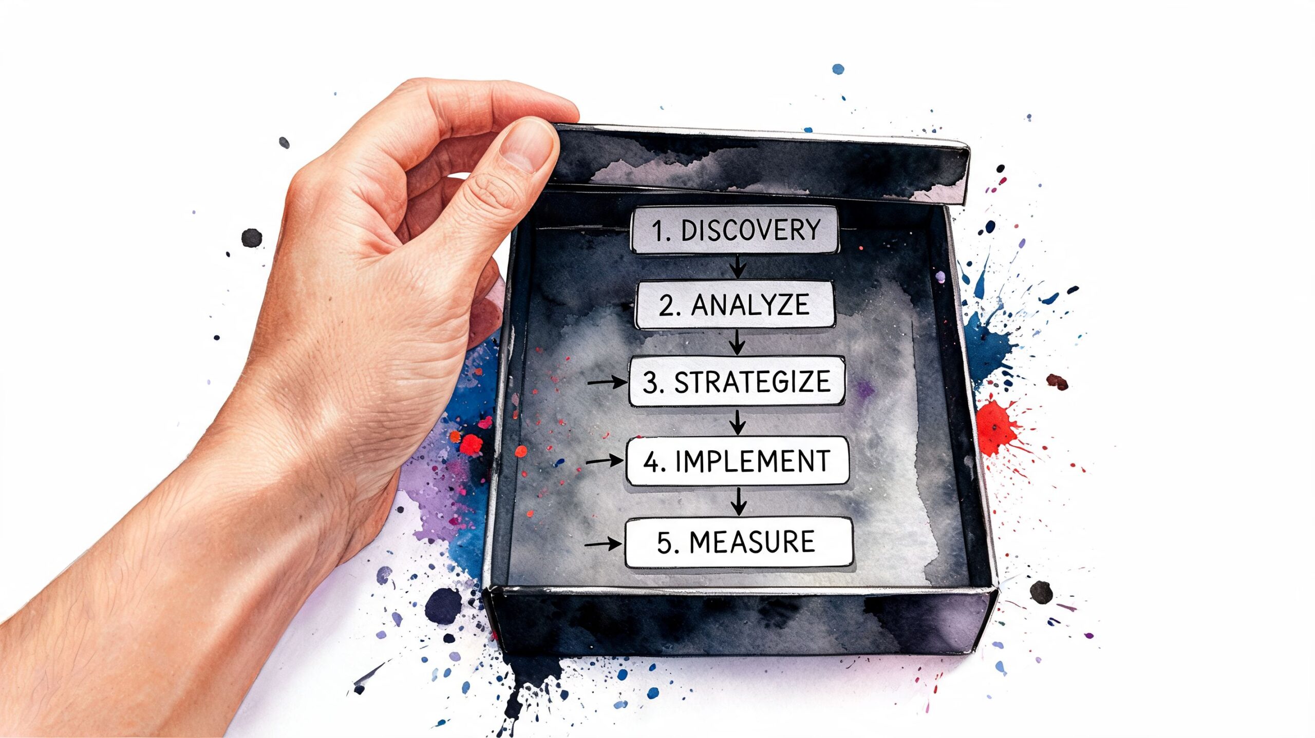 A hand opening a dark box revealing a five-step business process workflow diagram inside.