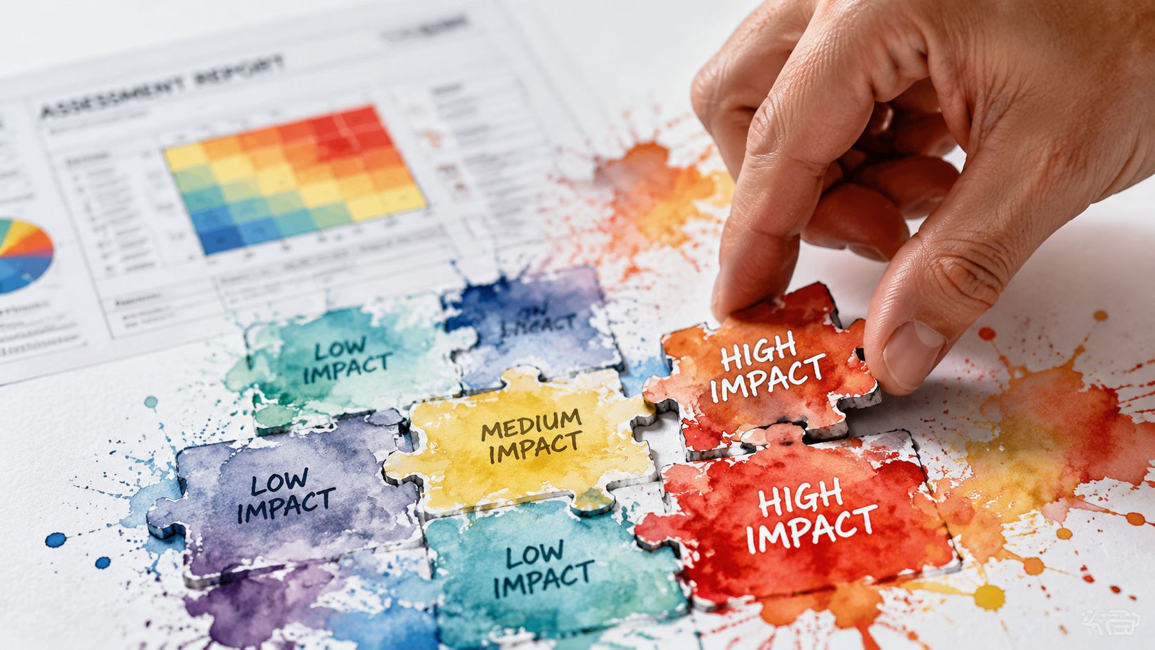 A hand placing a puzzle piece labeled High Impact onto a chart showing varying levels of impact.