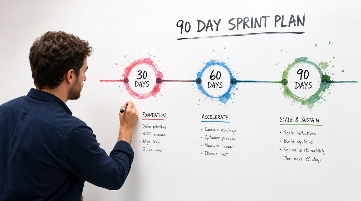 A professional man writing a 90 day sprint plan roadmap on a white board for business strategy.