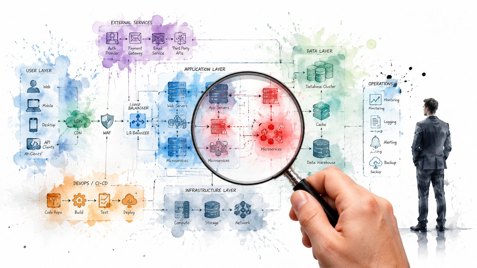 A professional analyzing a complex digital architecture diagram featuring microservices through a magnifying glass.