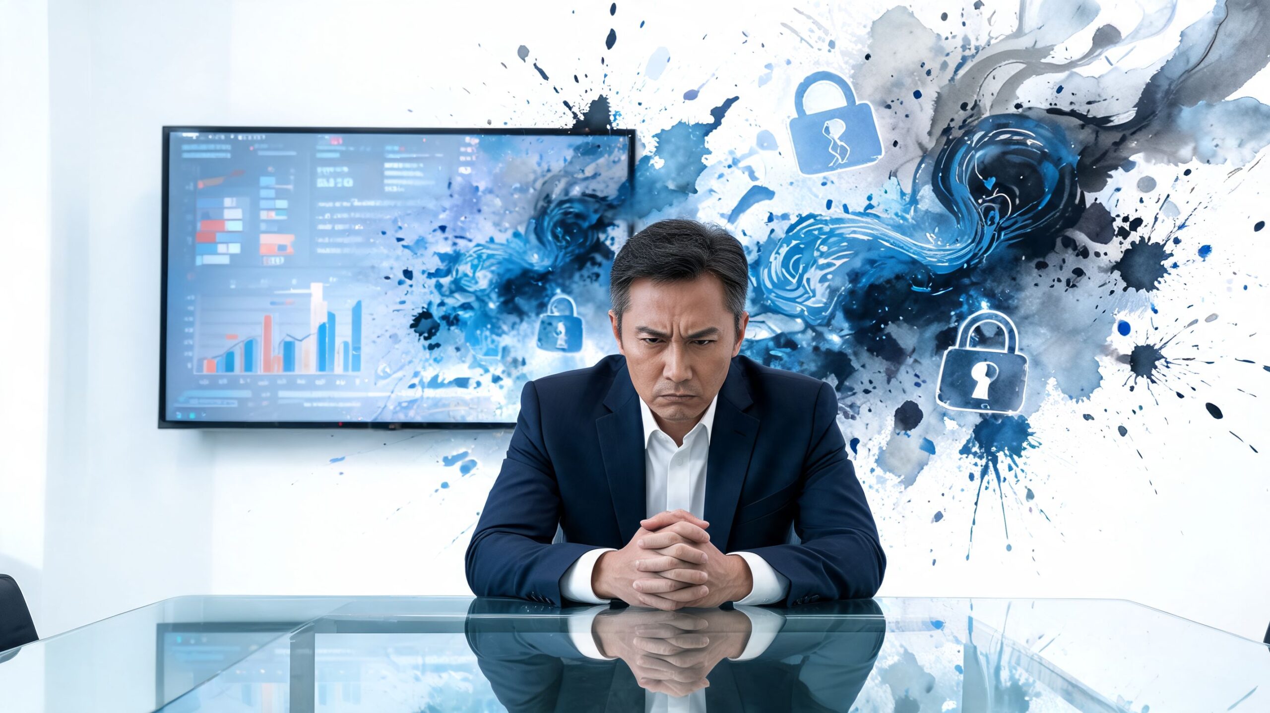 A concerned businessman sitting at a glass table with digital cybersecurity and data analytics graphics behind him.